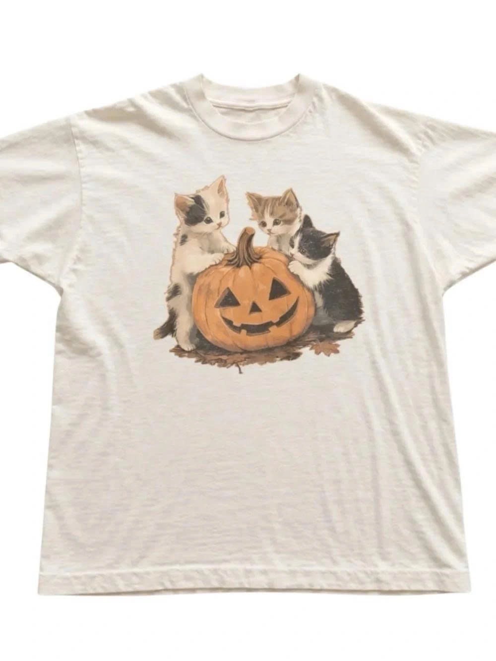 White Graphic Tee with Kittens & Pumpkin